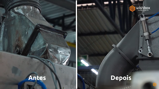 Peça industrial no lado esquerdo, envelhecida e fragilizada pelo tempo - feita em métodos convencionais de manufatura aditiva - sendo comparada com uma peça industrial nova que foi impressa com a Wishbox.