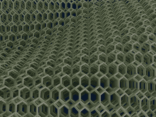 A imagem mostra uma textura lattice ampliada, de cor verde-acinzentado. A estrutura consiste de uma malha composta de pequenos hexágonos vazados.